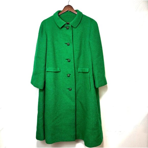 Vtg 1960s Lord & Taylor Kelly Green Wool Swing Coat Union Made Statement Buttons - Picture 1 of 13